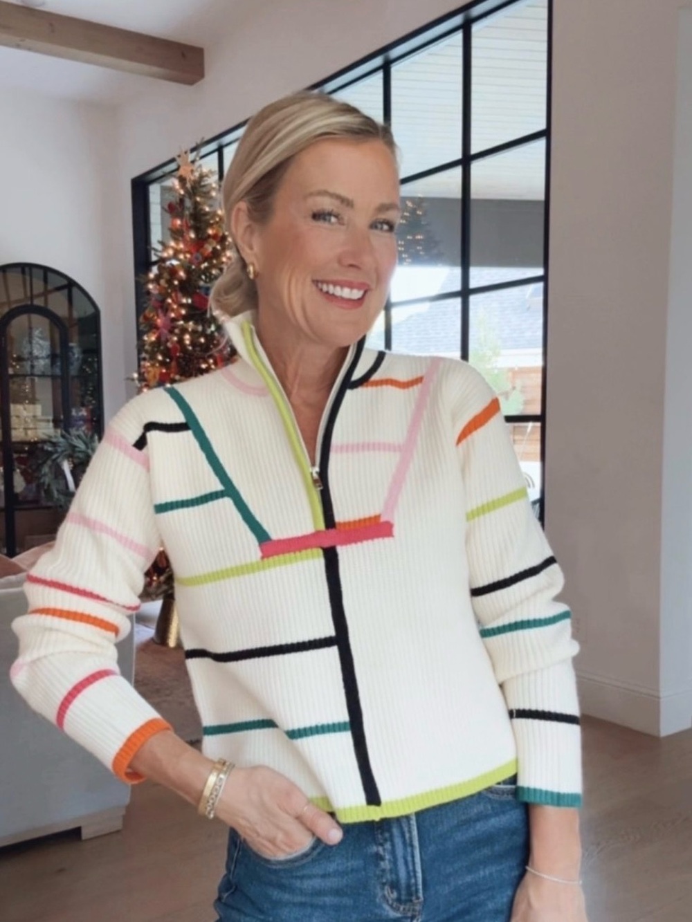 English Factory Women's White Multicolor Quarter-Zip Sweater